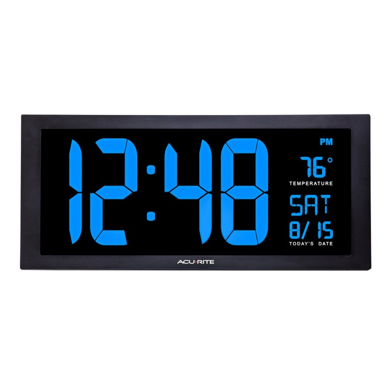 AcuRite 76100M Oversized LED Clock with Indoor Temperature, Date and Fold-Out Stand 18-Inch Blue - Image 1